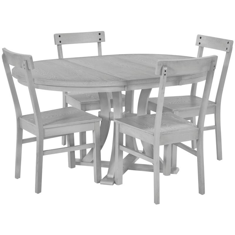 5-Piece Rustic Round Pedestal Extendable Dining Table Set with 15.7" Removable Leaf and Simple Dining Chirs for Small Places