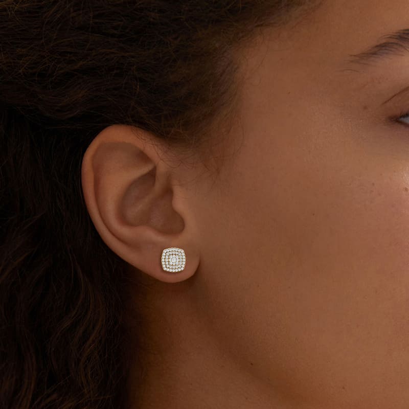 IGI Certified 1/2ct TDW Diamond Cluster Double Halo Stud Earrings in 14K Yellow Gold for Women