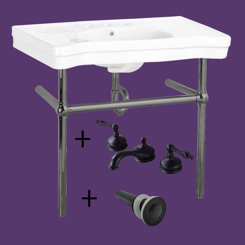White Console Sink Porcelain Vitreous China Belle Epoque with Nickel Bistro Legs and and 8" Widespread Faucet Renovators Supply