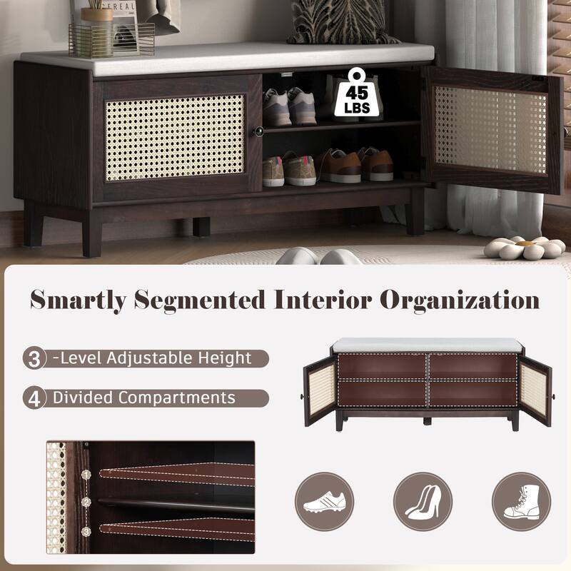 Roomfitters Entryway Storage Bench, Boho Rattan Cabinet, Hallway Organizer Seat with Cushion