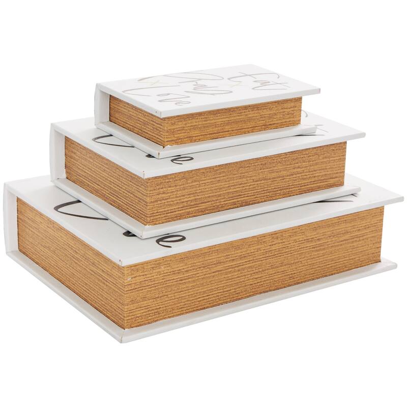 White Wooden Eat, Pray, Love Faux Storage Book Box with Checkered Spine and Gold Accents (Set of 3)