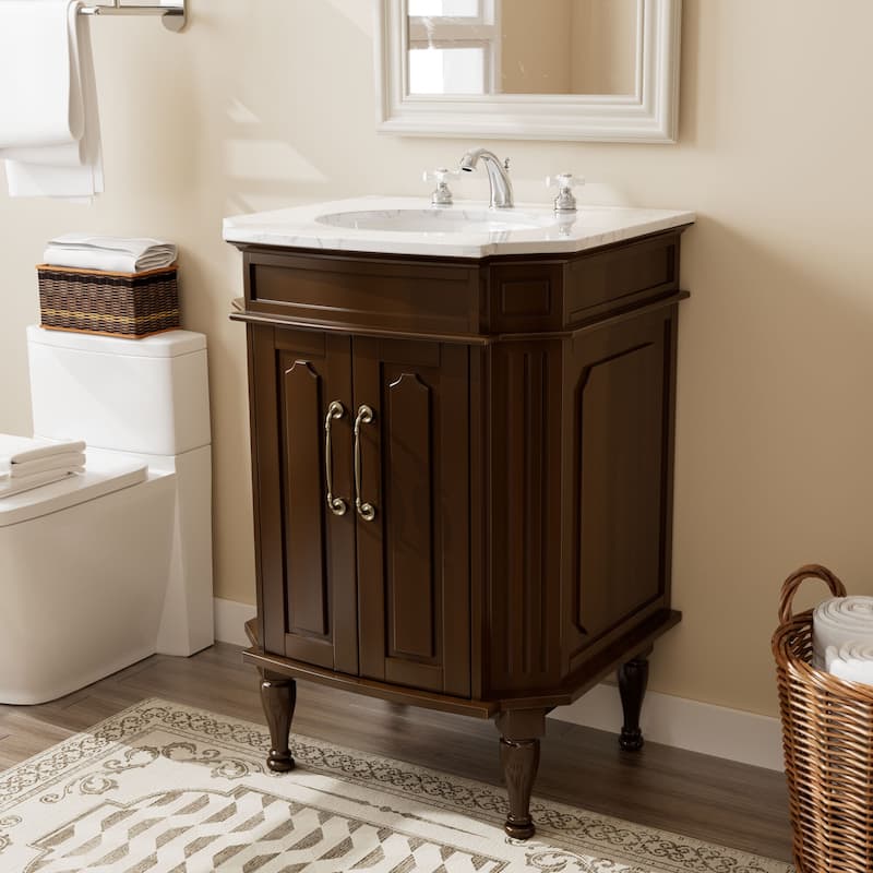 Elegant 24-Inch European Bathroom Vanity with Gold Accents and Marble-Style Sink - Brown
