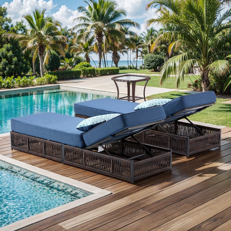 Pocassy Outdoor 5 Inch Lounge Chairs with 5 Adjustable Backrest - 3-Piece Brown Wicker Blue Cushion