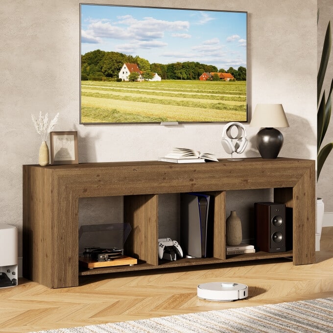 63-Inch Solid Wood TV Stand, Entertainment Center with Storage Shelf