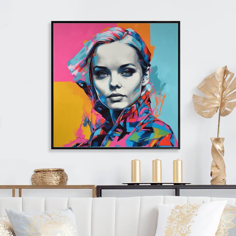 Designart "Retro Pop Art Portrait Of Beautiful Young Woman" Woman Pop Art Framed Canvas Wall Art - 36 in. wide x 36 in. high - Black