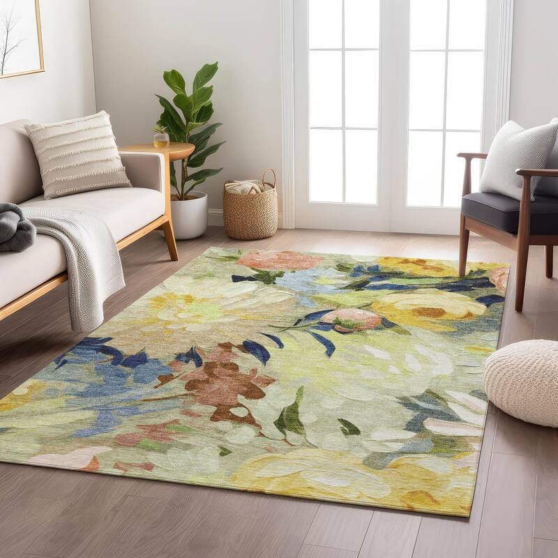 Machine Washable Indoor/ Outdoor Watercolor Floral Chantille Rug