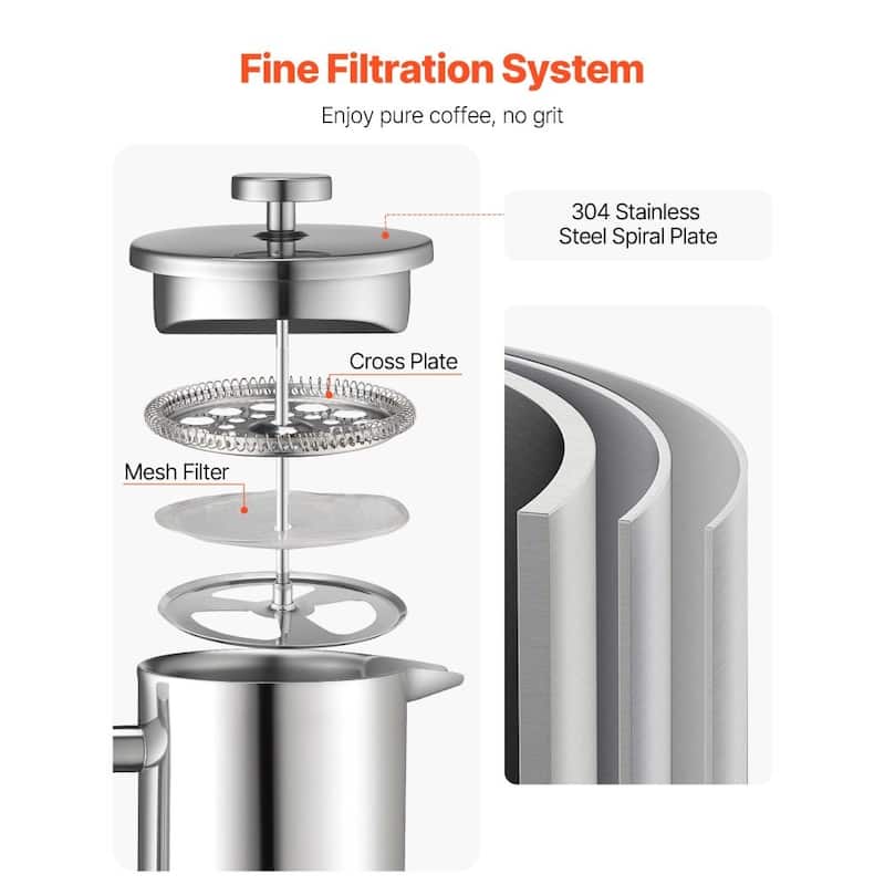 Silver Stainless Steel French Press Coffee Maker Portable