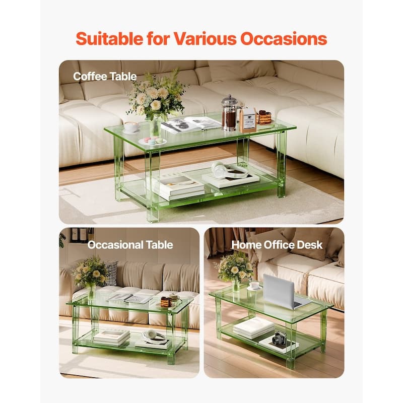 Transparent Green Acrylic 2-Tier Coffee Table with Sturdy Shelves and Modern Design - 19.7 x 31.5 x 15.7 in