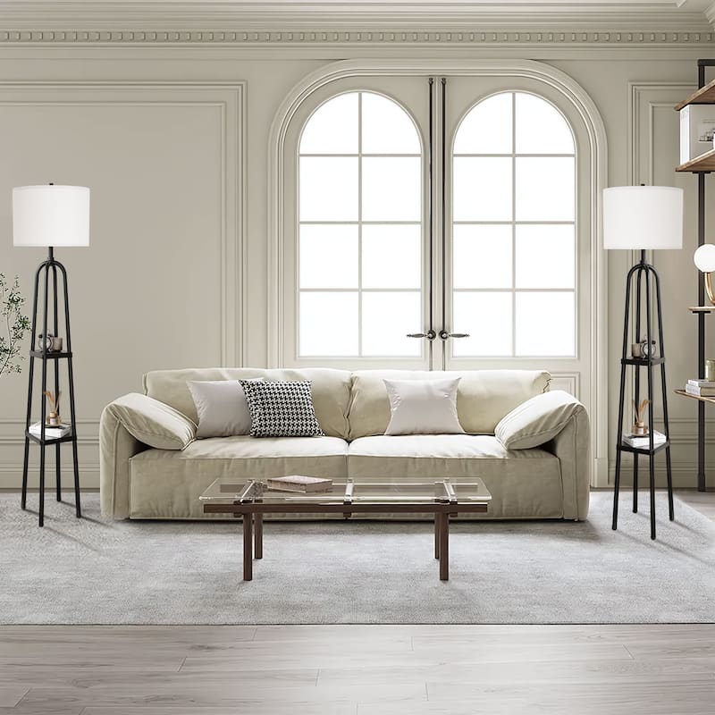 57.8'' Black Column Floor Lamp with Linen Shade(Set of 2) - Black