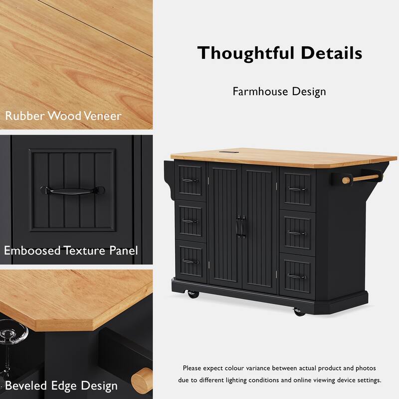 Kitchen Island with Drop Leaf,Features Power Outlet and Ample Storage