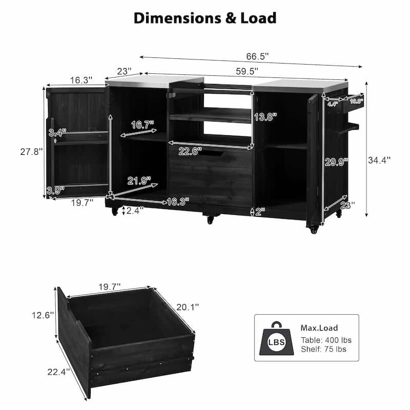 66.5" Outdoor Kitchen Island for Big Green Egg Grills, Solid Wood Grill Cart with Stainless Steel Top