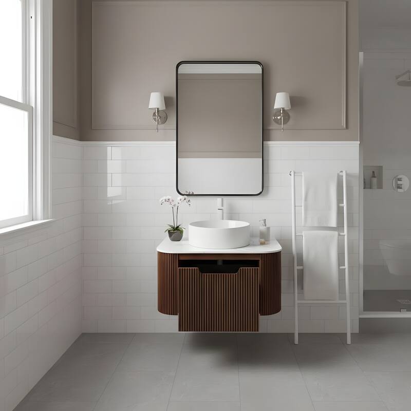 Wall Mounted Bathroom with White Round Ceramic Basin and Drawer