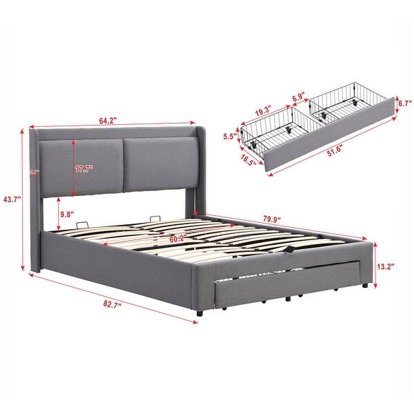 dimension image slide 0 of 3, Modern Queen Size Upholstered Hydraulic Platform Bed with 2 Drawers - Large Storage Space, Metal Construction