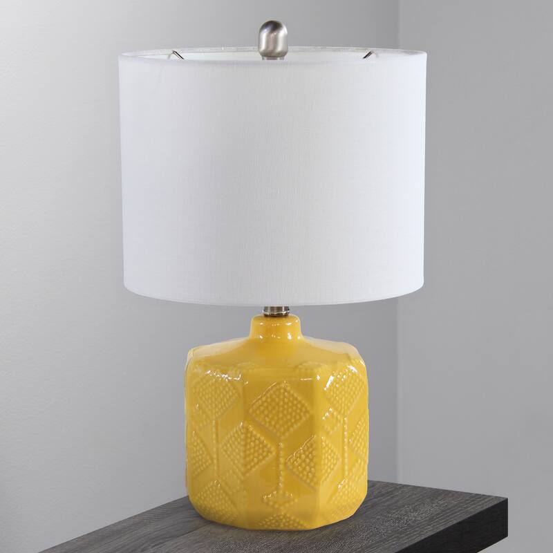 19" Contemporary Ceramic Table Lamp with White Linen Shade and Rotary Switch for Bedroom or Office - 12”L x 12”W x 19”H