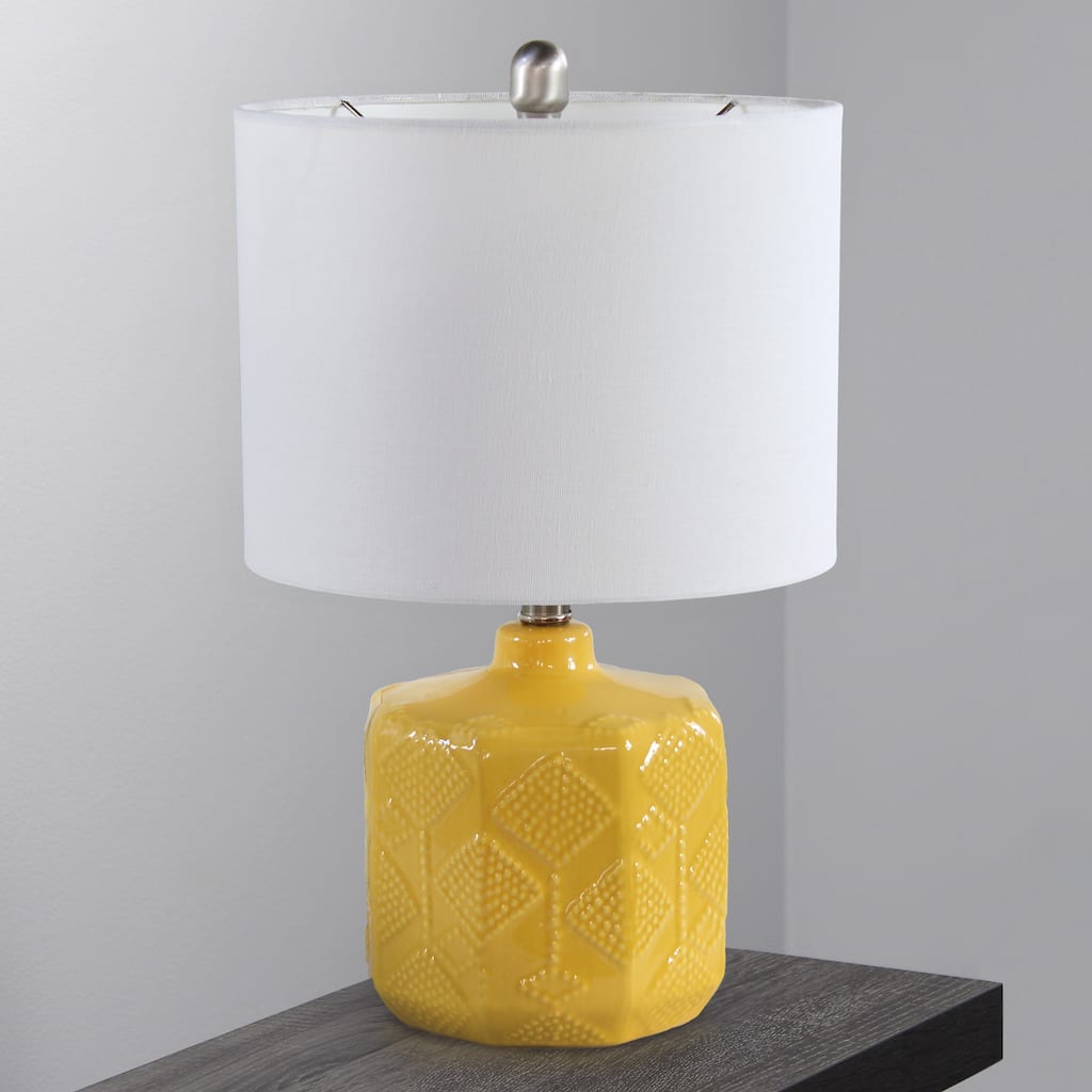 19" Contemporary Ceramic Table Lamp with White Linen Shade and Rotary Switch for Bedroom or Office - 12”L x 12”W x 19”H
