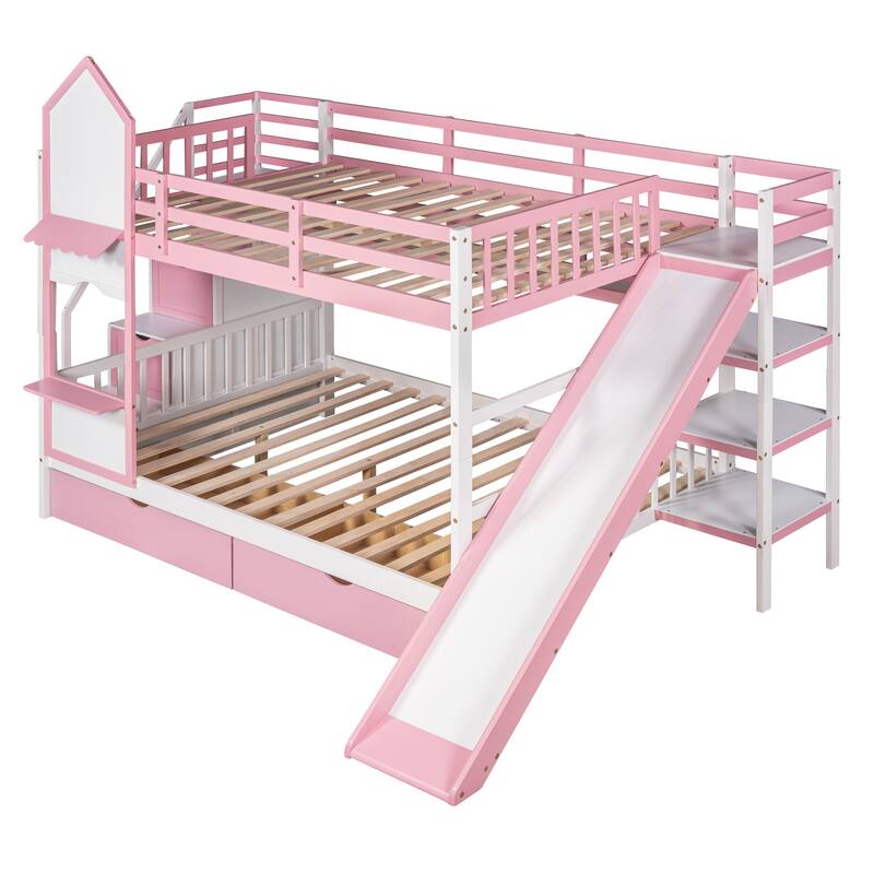 Castle Style Bunk Bed with 2 Drawers 3 Shelves and Slide