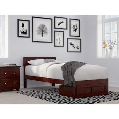 Twin XL Platform Bed with Foot Drawer - Walnut Finish, Panel Headboard, No Box Spring Needed