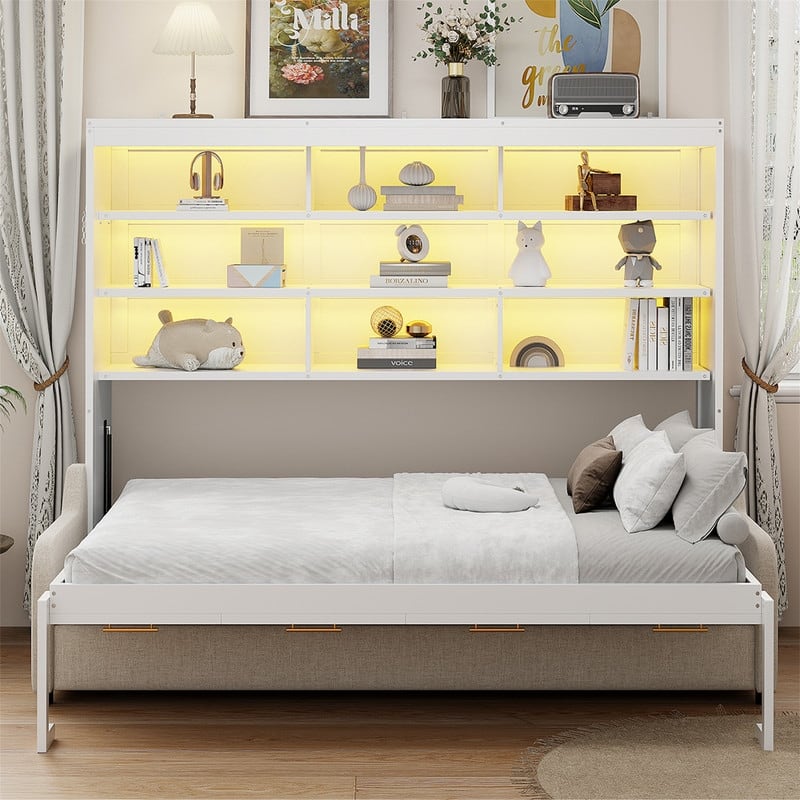 Full/Queen Size Murphy Wall Bed with LED Light and Folding Sofa, Space Saving Design Murphy Cbainet Bed wiht Storage Shelves