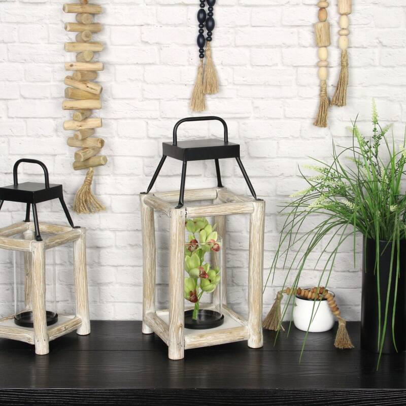 Wooden Bar Solid Lantern with Handle - 18" - Brown and Black - Large