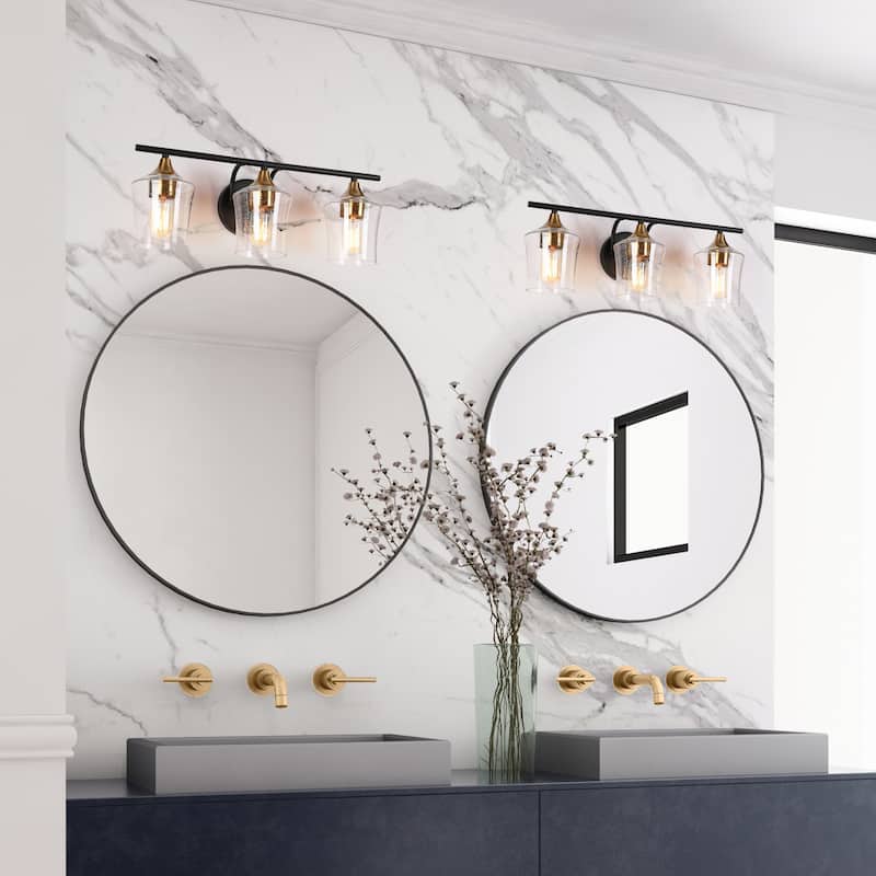 Modern Black Gold 2/3/4-Light Linear Bathroom Vanity Lights with Seeded Glass
