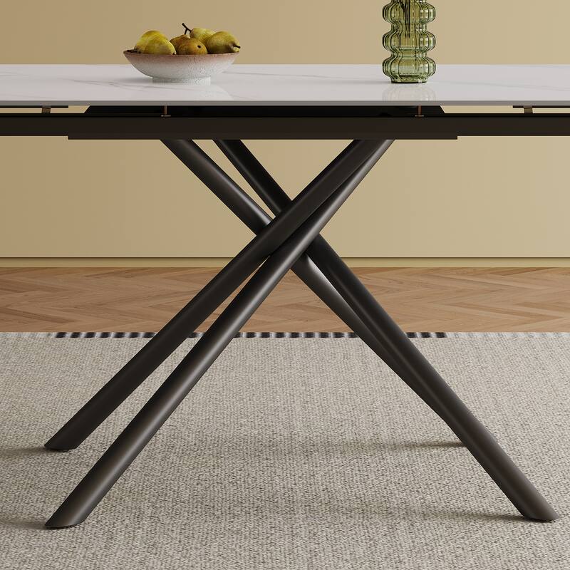 Retractable Sintered Stone Dining Table, Modern Rectangular Design, with Black Carbon Steel Legs at the Bottom