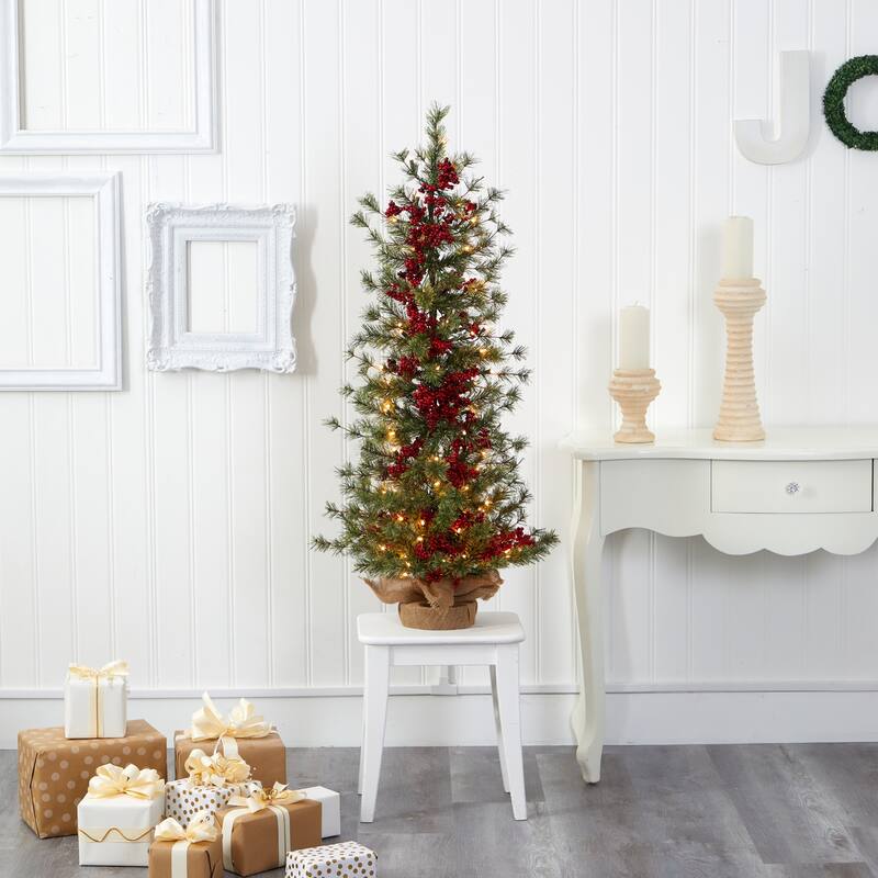 4Ft Artificial Christmas Tree with Lights - Berry & Pine Holiday Decor, Warm White LED, Burlap Base - Green - 48