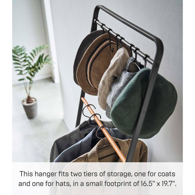 Yamazaki Home Coat Rack with Hat Storage, Steel and Wood - L 16.54 x W 19.69 x H 65.75 inches