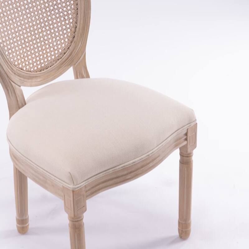 French Style Solid Wood Frame Linen Fabric Rattan Back Dining Chair (Set of 2)