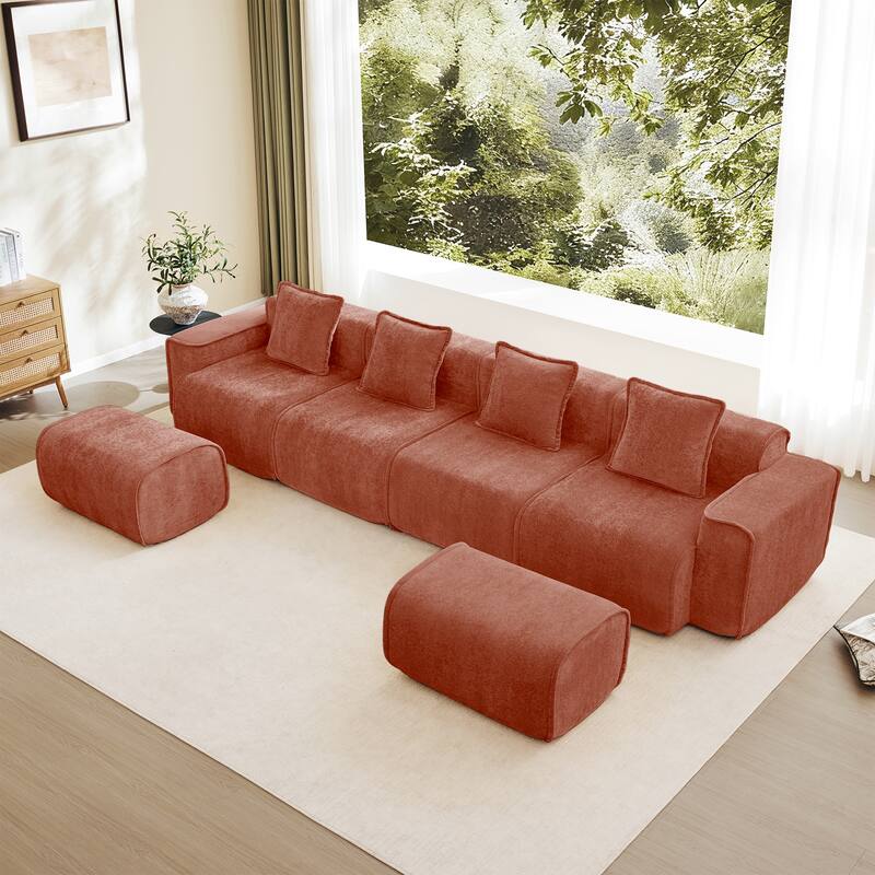GDFStudio - Velvet Streamlined Modular 4-Seater 138.58" U-Shaped Sectional Sofa with 2 Ottomans - Red