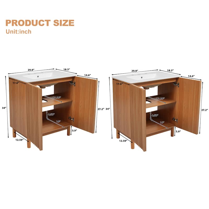 GDFStudio - Eleanor Traditional Wood Grain Bathroom Vanity with U-Shaped Adjustable Shelf, Ceramic Sink & Soft-Close Doors