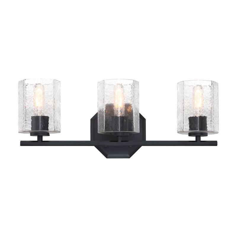 Haven 24 in. 3-Light Matte Black Vanity Light with Clear Rippled Glass Shades for Bathrooms