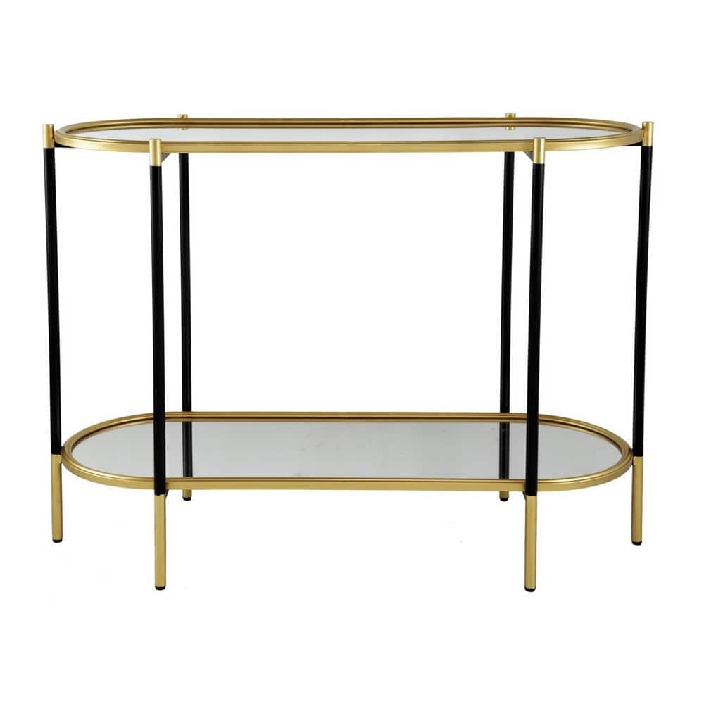 30 Inch Console Sideboard Table, Oblong, Mirrored Top, Black, Gold - 41.5L x 17W x 30H, in inches