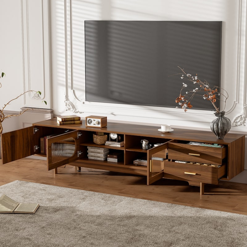 Anmytek Modern TV Stand Media Console with Fluted Glass Doors Beveled Edge Solid Wood Legs Large Screen Storage