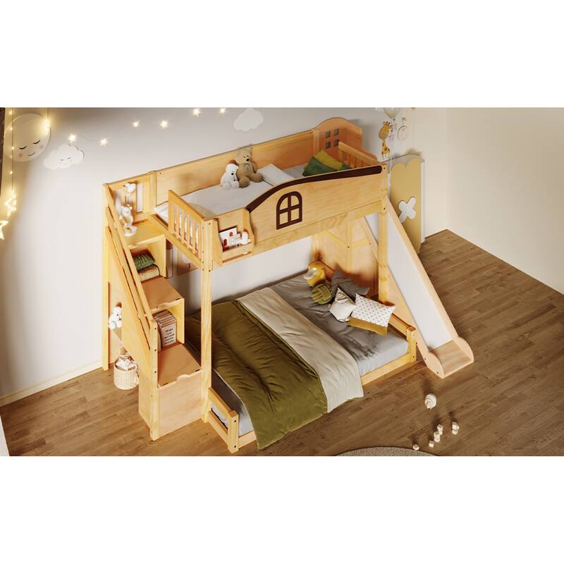 Roomfitters Twin Over Full Bunk Bed with Slide, Wardrobe and Storage Staircase