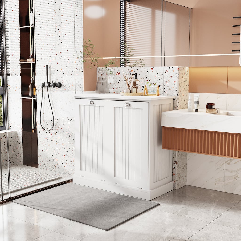 33" White Tilt-Out Laundry Sorter Cabinet with Two-Compartment