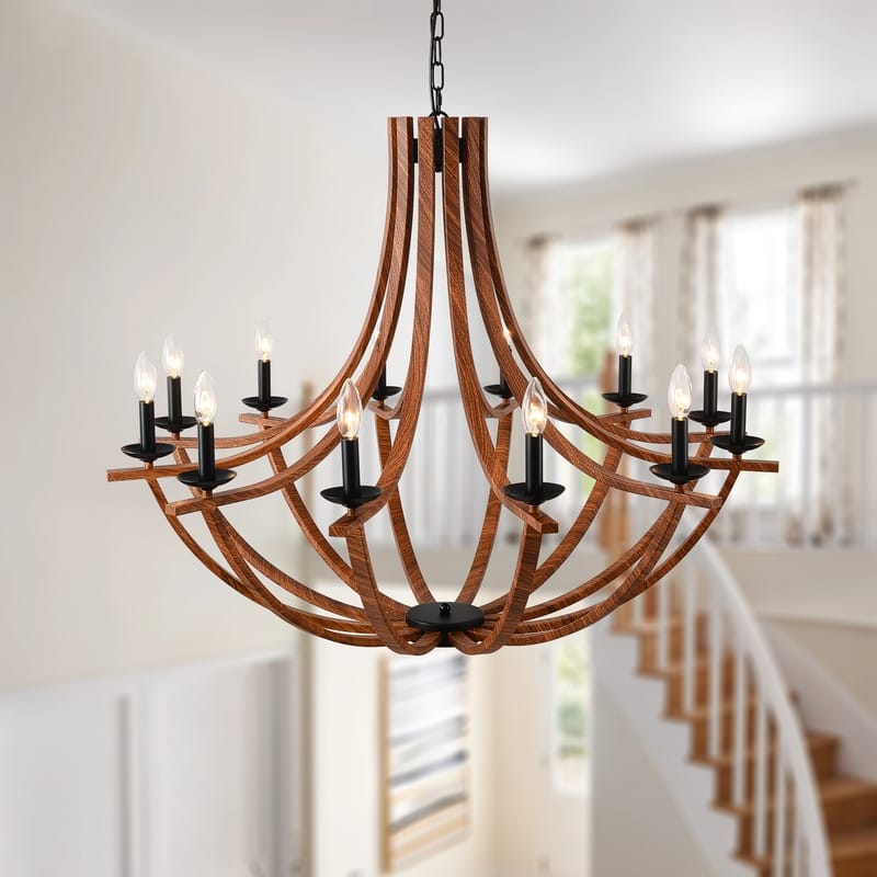 Rustic Candle Style Chandeliers Black and Faux Wood Chandelier - 39.4x39.4x103.37in