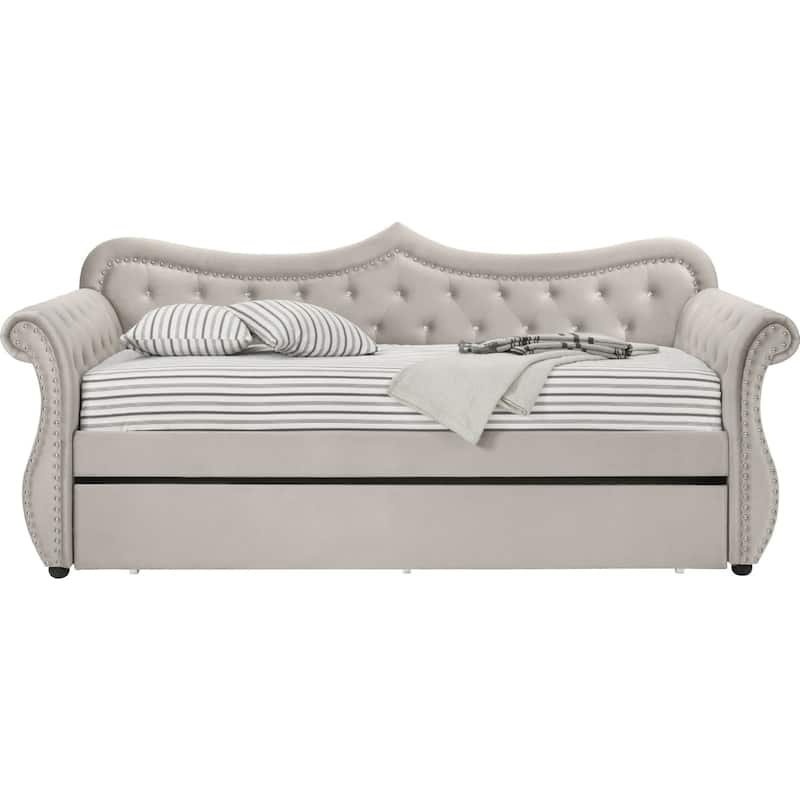 Fabric Upholstered Wooden Daybed with Trundle - Beige