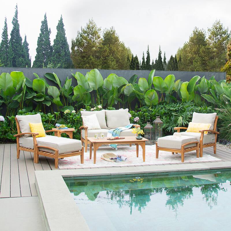 Cambridge Casual Leon 7-piece Teak Patio Conversation Set - Natural Teak/Beige Cushion