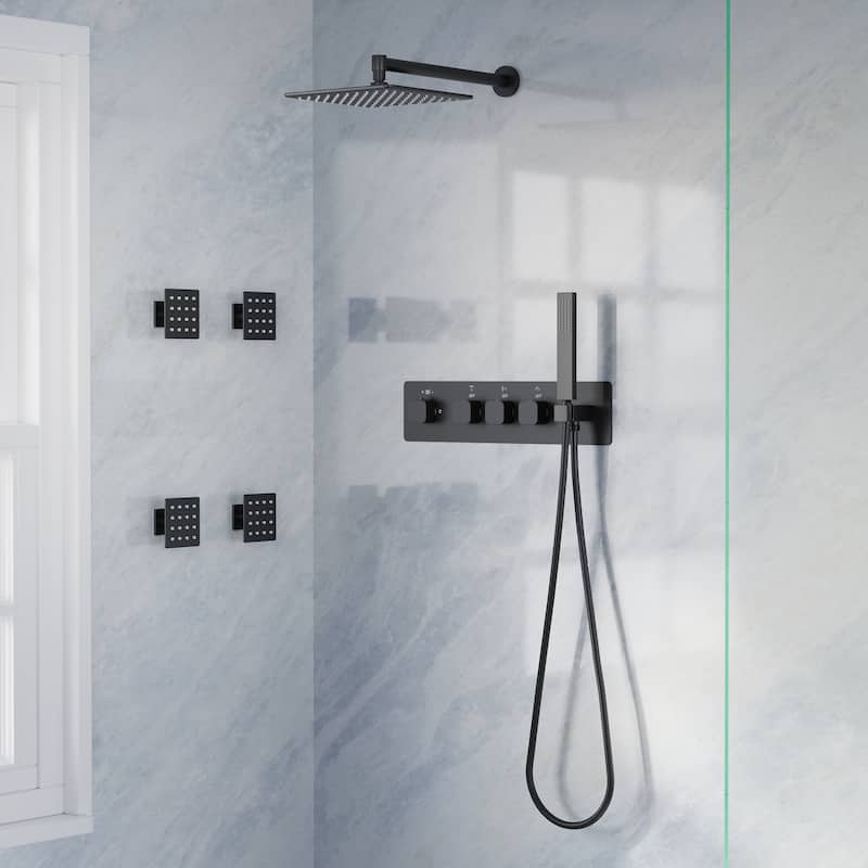 Thermostatic Shower System with 10" Ultra-Thin Square Shower Head,Body Jets And Hand Shower - Matte Black