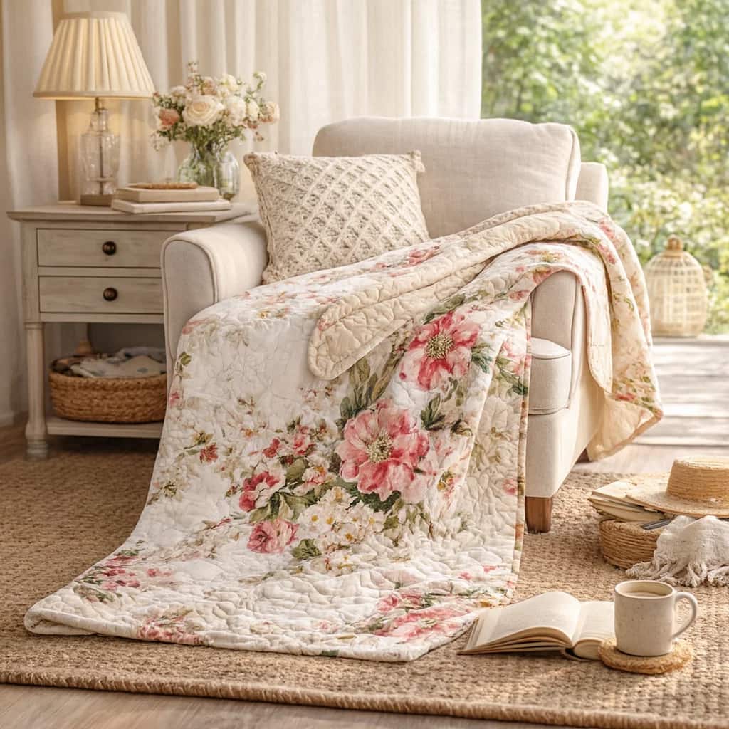 Givi Throw Blanket with Unique Floral Pattern, Buttercup Beige Cotton