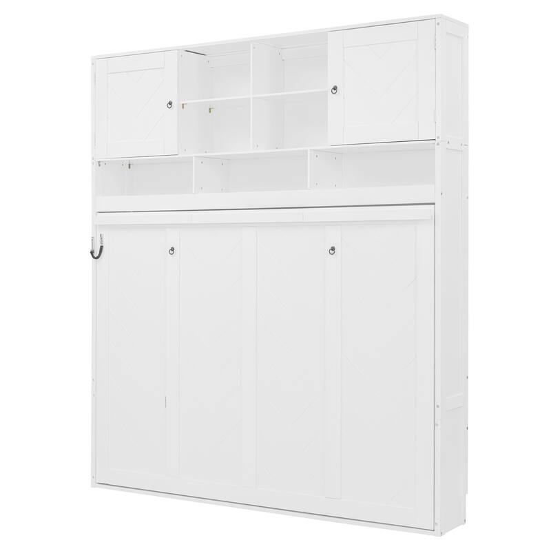 Roomfitters Queen Murphy Bed with Storage Shelves and Chevron Cabinets, Wall Mounted Space Saving Fold Down Bed System, White