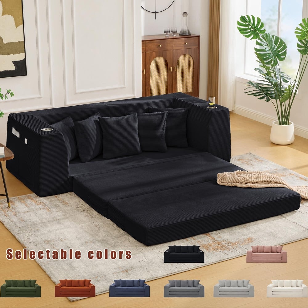 2 in 1 Convertible Sofa Bed, Sleeper Sofa with Storage Pockets, Pull Out Loveseat Couch with Two Cup Holders
