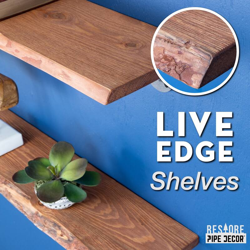 PIPE DECOR Live Edge Reclaimed Wood Shelf with Industrial Pipe Brackets, Set of 2