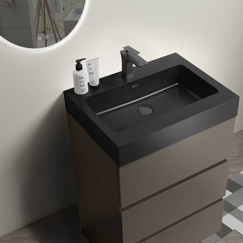 GDFStudio - Alice Walnut Freestanding Bathroom Vanity with One-Piece Matte Black Sink, Modern Handle-Free Design, Pre-Assembled