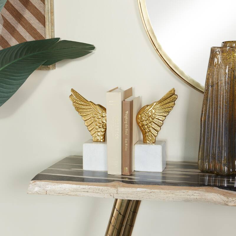 Aluminum Metal Bird Wings Decorative Bookends with Marble Base - Set of 2 Gold or Silver - Roche River Decor