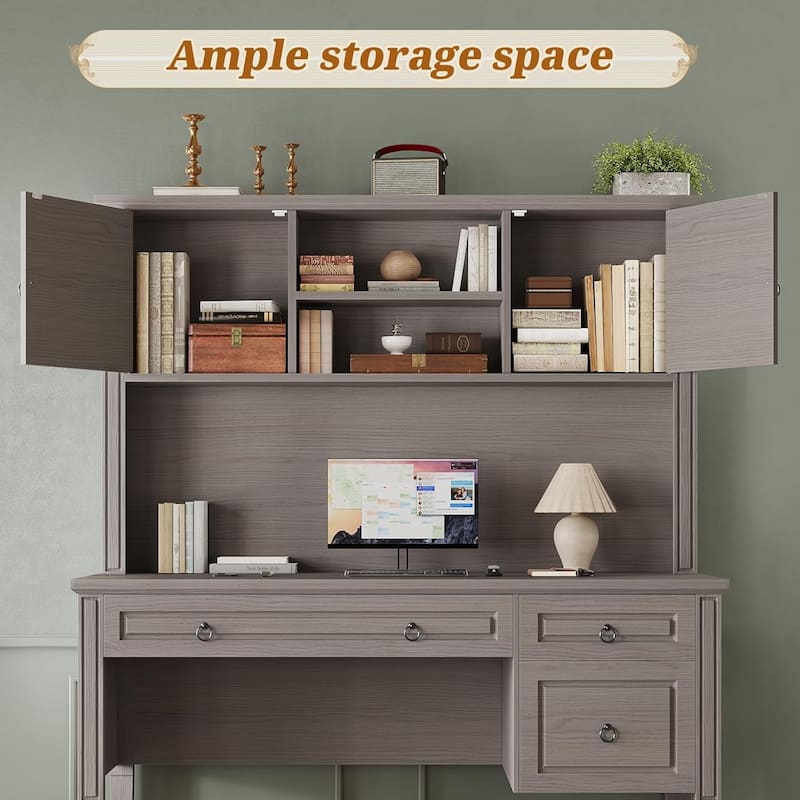 Farmhouse Executive L Shaped Desk Home Office Desk with Drawers and Storage Cabinet & Power Outlet