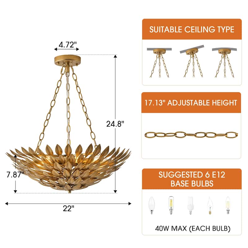 Antique Gold 6-Light Olive Leaf Convertible Chandelier Light - 22.05"W x 24.8"H