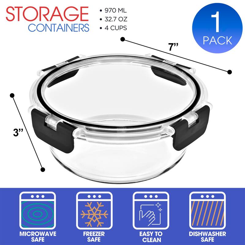 Sorbus Round Airtight, Leak-proof Glass Food Prep and Storage Container with Lid (Single) - "L x 7"W x 3"H