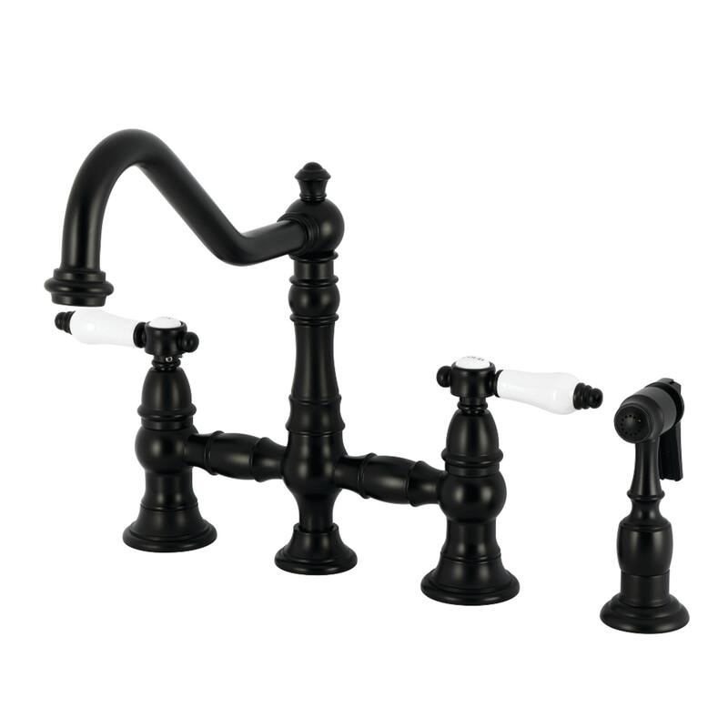 Kingston Brass Bel-Air Two-Handle 4-Hole Deck Mount Bridge Kitchen Faucet with Brass Side Sprayer - Matte Black