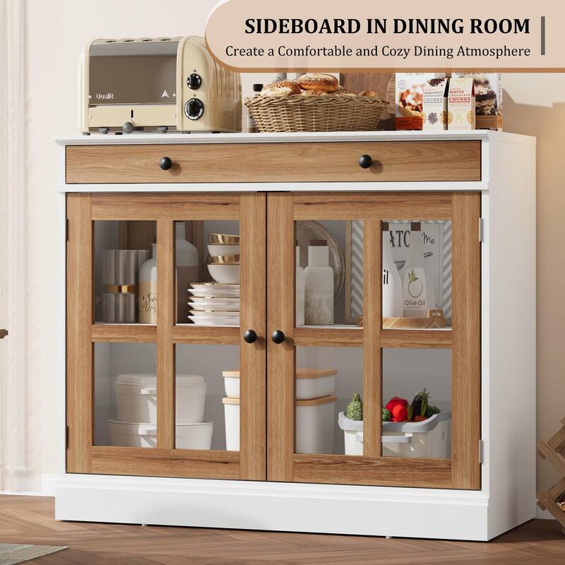 35.4" Sideboard Buffet Cabinets with Glass Door,Buffet Cabinet with Storage,White&Brown Sideboard Cabinet with Drawer